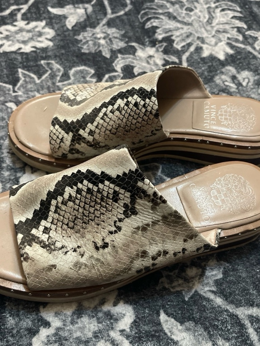 Vince Camuto Beige and Black Snake-Print Slide Mules